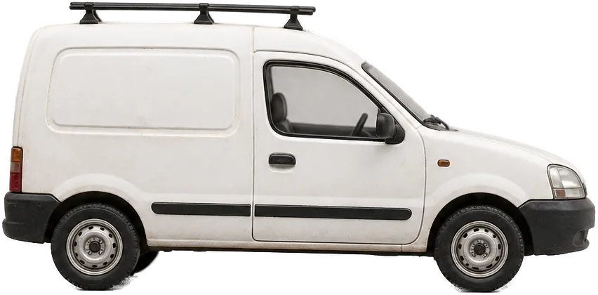 Une camionnette utilitaire blanche, vue de profil, avec une galerie sur le toit.