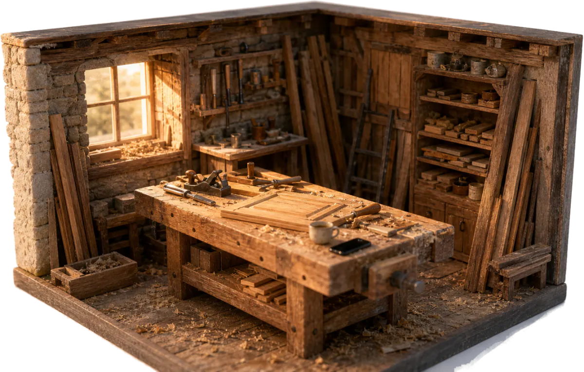 Maquette de l'atelier en coupe&nbsp;: un établi de bois, des outils accrochés au mur, des planches rangées.