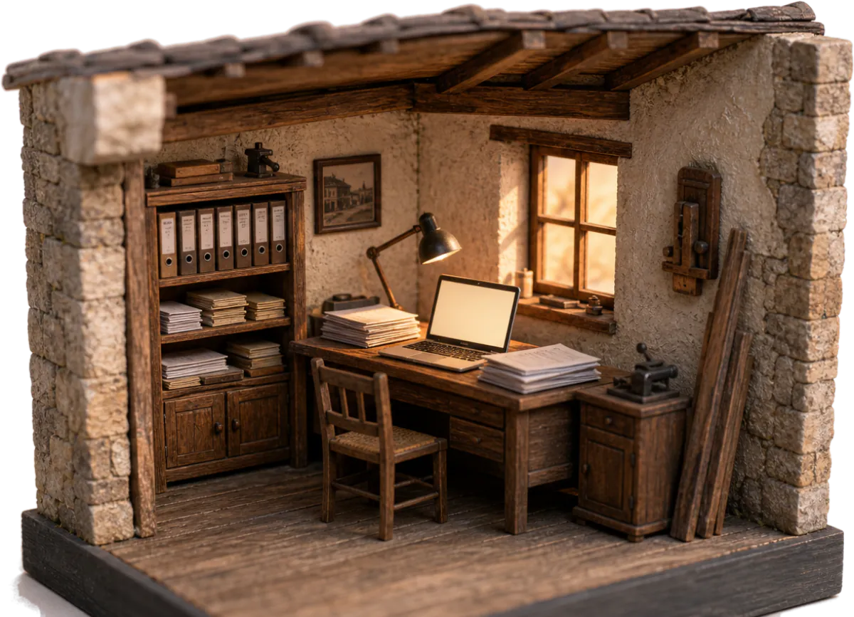 Maquette du bureau en coupe&nbsp;: classeurs, ordinateur portable, lampe de bureau et fenêtre ensoleillée.