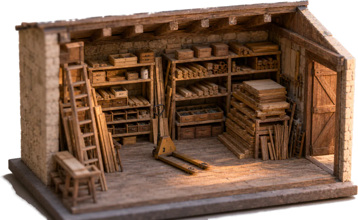 Maquette du dépôt en coupe : rayonnages de bois, caisses, échelle et transpalette.